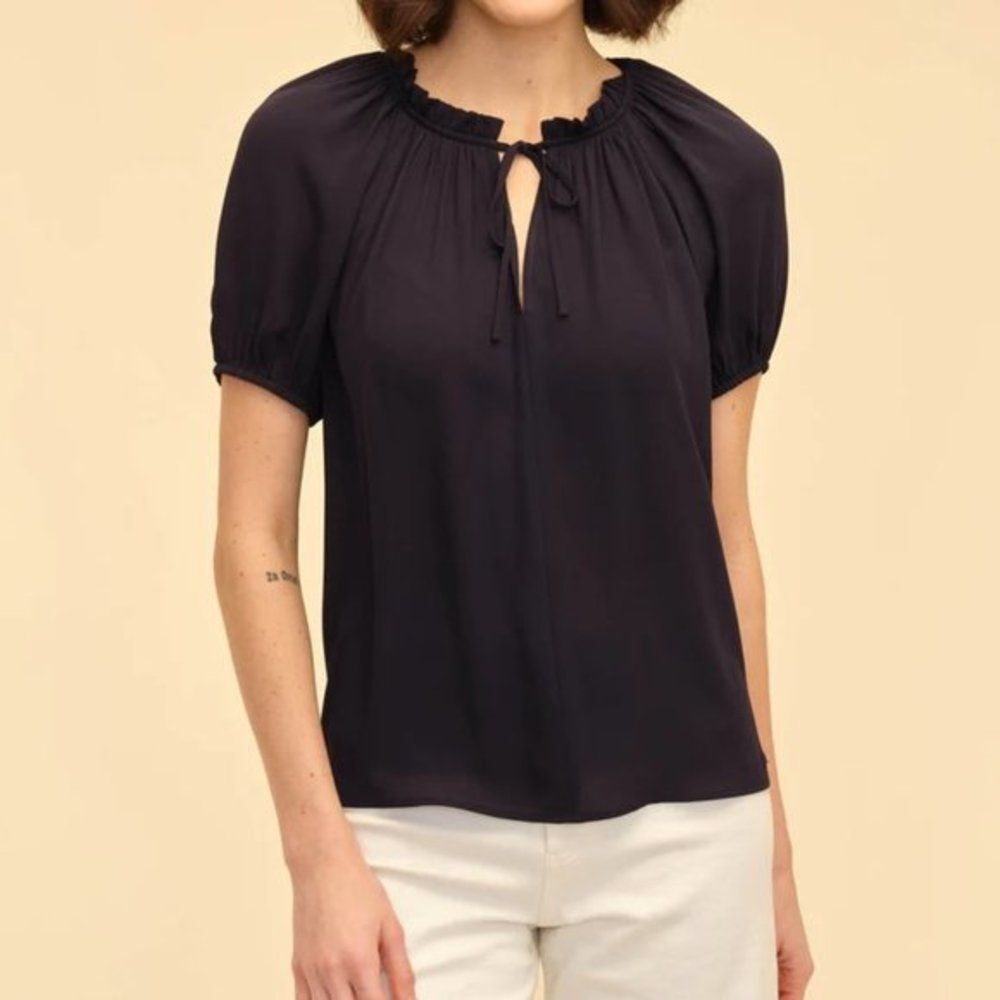 Women's‎ Elie Tahari Tie Ruffle Neck Blouse Elastic Short Sleeves Blue Top Sz S
